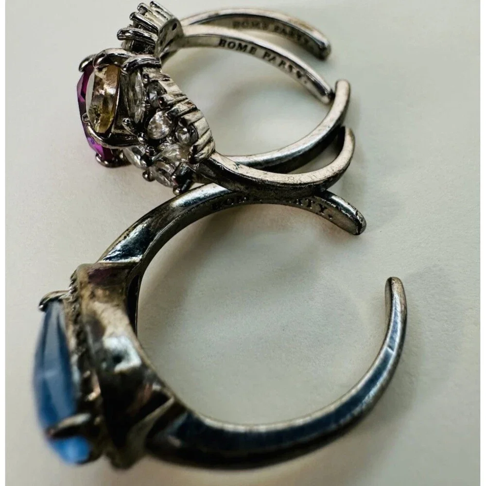 Bomb Party 3Pc Adjustable Ring Lot Size 4/5 Pink Blue Rhodium Heavy Wear